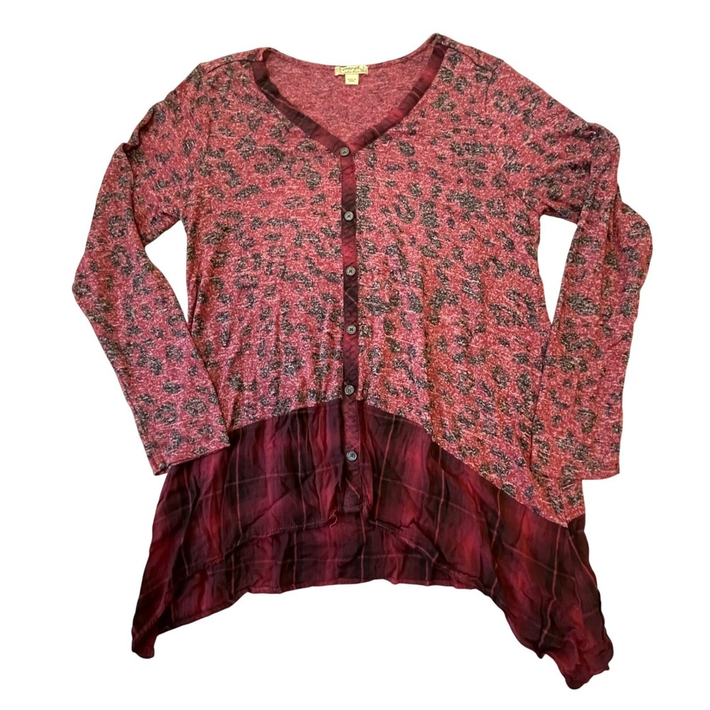 Energe World Apparel Tunic Top Long Sleeve Button Burgundy Red Plaid Women Large